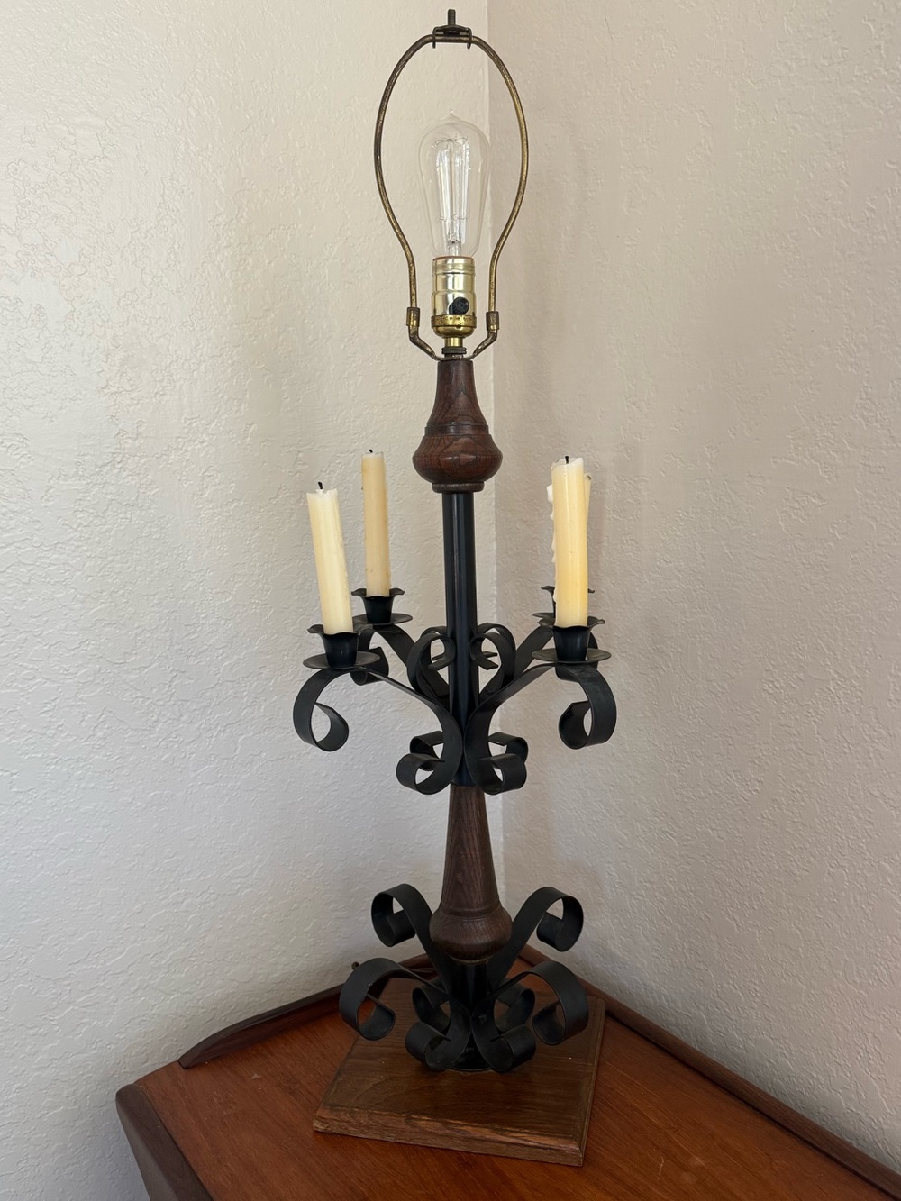 Vintage Wrought Iron Scroll Table Lamp with Cream Candle Accents